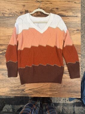 Women's Colorblock V-Neck Cable Knit Sweater - Brown/White/Pink